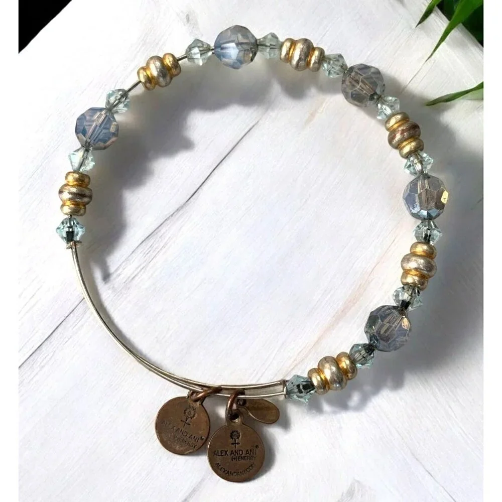 Alex And Ani Gold Charm Bangle With Blue & Clear Beads Adjustable Fit 2.0